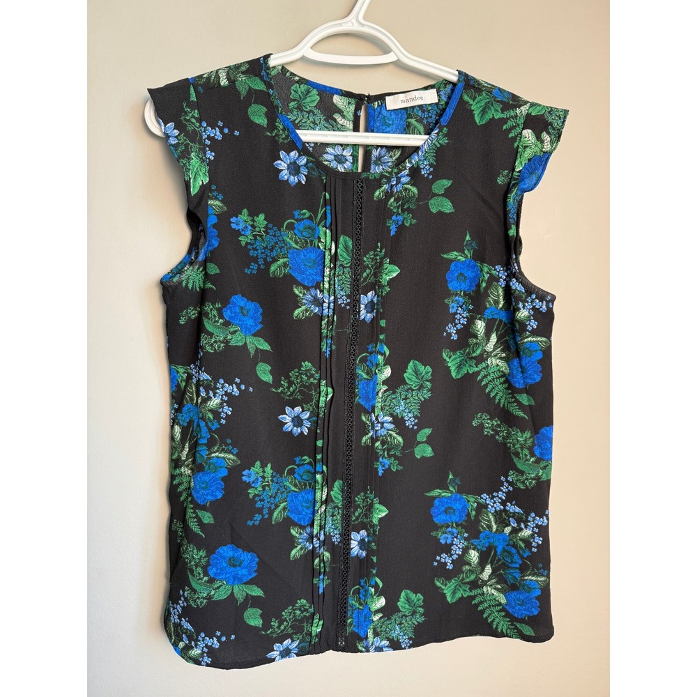Mandee Floral Flutter Sleeve Pleated Front Blouse Black Blue S Cottagecore Boho